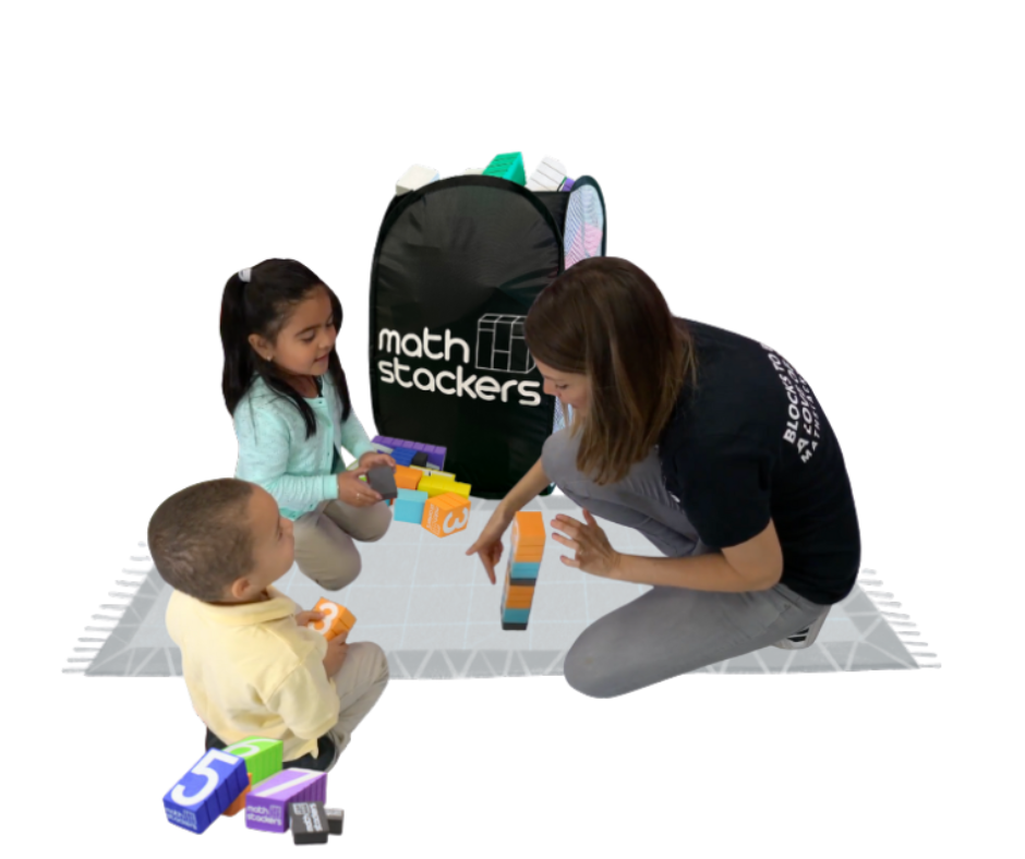 Two children and a woman learning with Math Stackers on a rug
