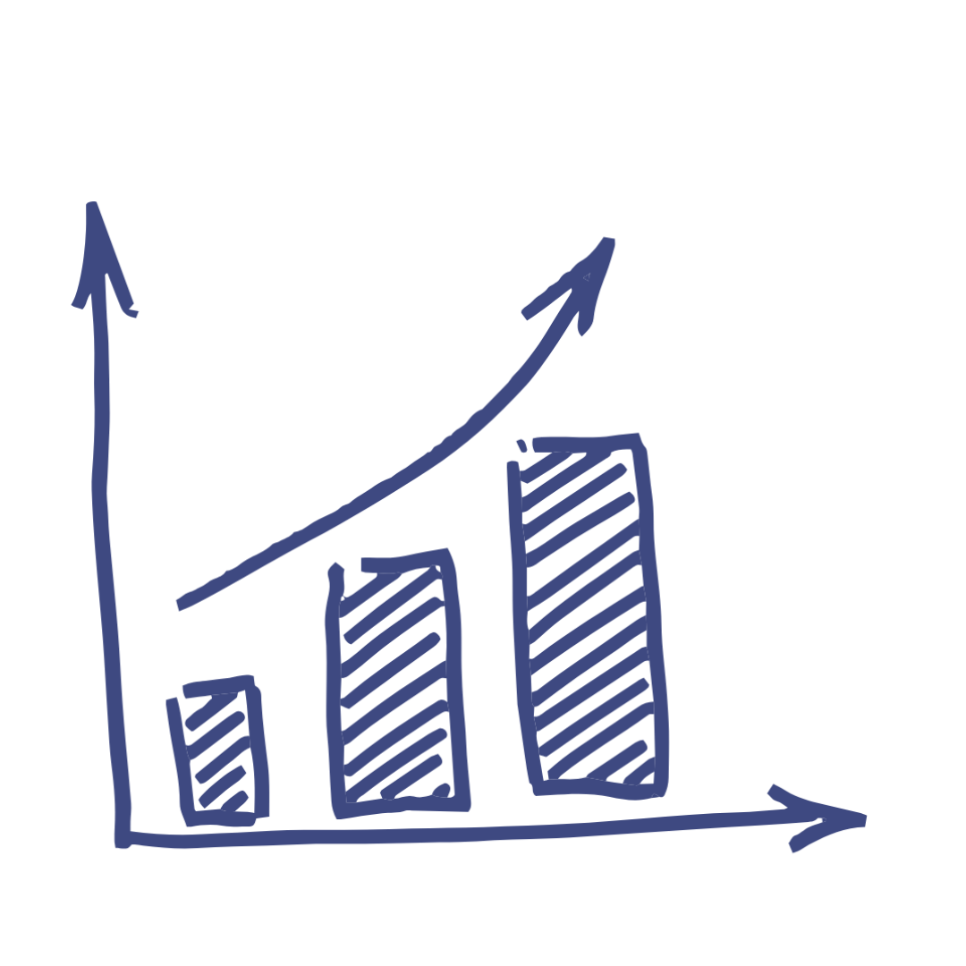 Hand-drawn bar chart with an upward trend line on a white background