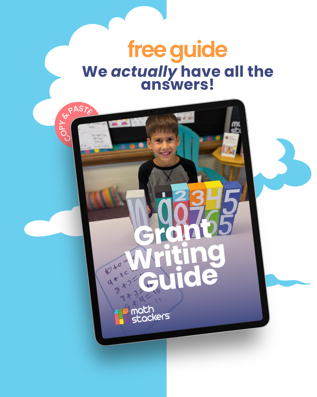Promotional graphic for Grant Writing Guide with a student learning with Math Stackers®