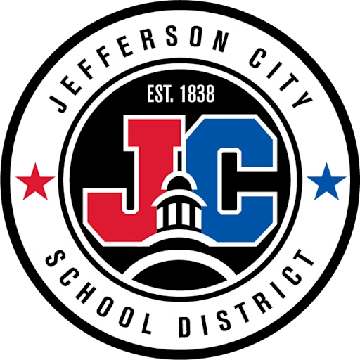 Logo of Jefferson City School District with red and blue letters and a black border.