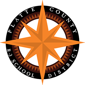 Platte County R3 School District logo with an orange star and black border
