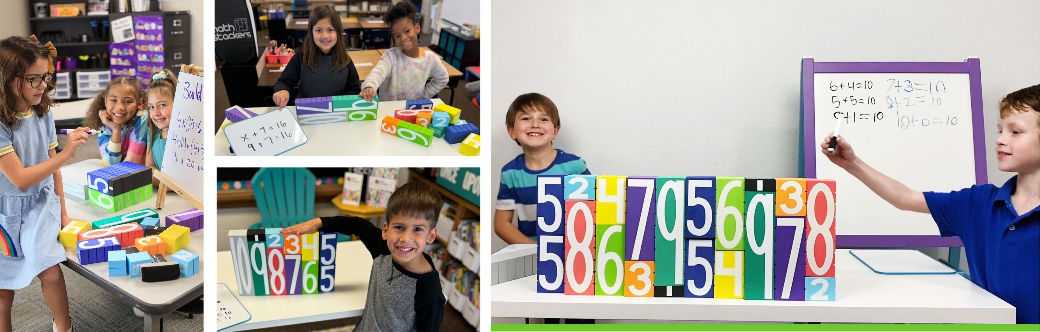 Collage of children with educational materials including number blocks and a whiteboard.